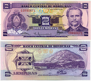 ГОНДУРАС 2 ЛЕМПИРЫ 1976 23 СЕНТЯБРЯ 1976, МАРКО АУРЕЛИО СОТО ПРЕЗИДЕНТ ГОНДУРАСА И РЕФОРМАТОР, ПОРТ АМАПАЛА Pick 61 бумага UNC (ПРЕСС) 7548-103-2