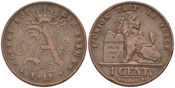 БЕЛЬГИЯ 1 САНТИМ 1912 BELGES KM 76 медь 4528-911