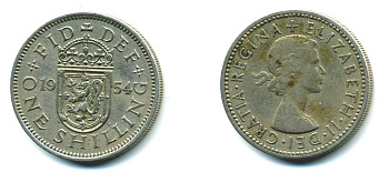 Великобритания 1 шиллинг 1954 Елизавета II (1952-2022), Шотландский герб KM 905, Spink 4148 медно-никель 540-543