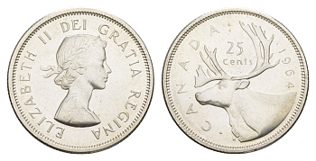 Канада 25 центов 1964 Елизавета II (1952-2022), олень KM 52 серебро UNC 4541-446