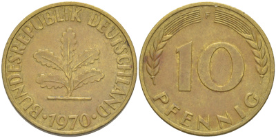 ФРГ 10 ПФЕННИГОВ 1970 F KM 108, J. 383 сталь плакированная латунью 4182-815