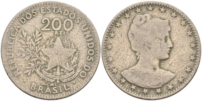 Бразилия 200 рейс 1901 голова свободы вправо KM 504 медно-никель 4589-1051