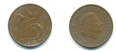 НИДЕРЛАНДЫ 5 ЦЕНТОВ 1966 ЮЛИАНА KM 181 бронза 83-847