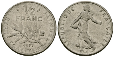 Франция 1/2 франка 1977 сеятель KM 931 никель 4135-722