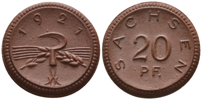 Саксония 20 пфеннигов 1921 колосья и серп J. N 53 фарфор UNC 1094-8-14
