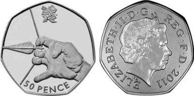 Великобритания 50 пенсов 2011 XXX летние Олимпийские игры в Лондоне в 2012 году, стрельба из лука, в оригинальном картонном буклете, с Олимпийской голограммой (2/29) KM 1167 медно-никель  UNC  3-6-6-03