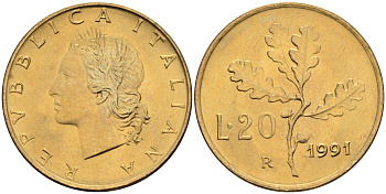 Италия 20 лир 1991 R, дубовый лист KM 97.2 алюминиевая бронза  UNC  4594-828