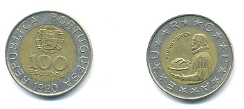 Португалия 100 эскудо 1990 Педру Нуниш (1502-1578), математик KM 645.1 биметалл 89-637