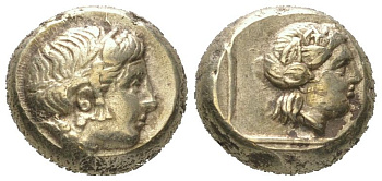 о-в Лесбос, Митилена гекта (1/6 статера) 417-378 гг. до н.э. голова Ио/голова Диониса, 2,55 гр, ex. Kuenker 2011 год Bodenstedt 77 электр 00-000-00