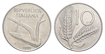 Италия 10 лир 1996 R, плуг, колосья KM 93 алюминий UNC 4551-951