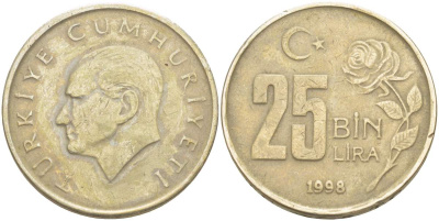 Турция 25000 лир 1998 Мустафа Кемаль Ататюрк KM 1041 медь никель цинк 4525-631