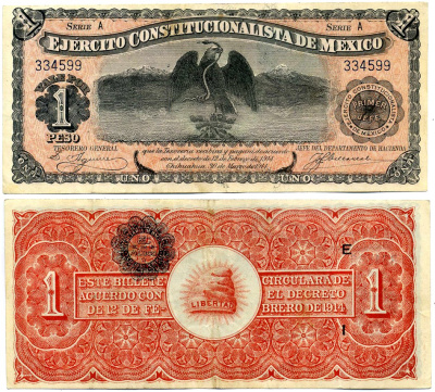 Мексика, Чиуауа 1 песо 1914 30 марта 1914, EJERCITO CONSTITUCIONALISTA DE M?XICO, серия А, надпечатка "E", I Pick S 523a бумага 8603-11-1-1