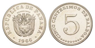 Панама 5 сентесимо 1966 тираж 13.000 экземпляров KM 23.2 медно-никель PROOF 1524-321