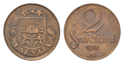 Латвия 2 сантима 1932 KM 2 бронза 4689-926