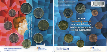Нидерланды евронабор из 8 монет 2014 официальный набор, король Вильям-Александр, в оригинальном буклете, запайка  биметалл  UNC  7-5-6-24