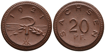 Саксония 20 пфеннигов 1921 колосья и серп J. N 53 фарфор UNC 1094-8-22