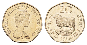 Фолклендские острова (Фолкленды) 20 пенсов 1998 Елизавета II (1952-2022), овца Ромни-марш KM 17 медно-никель  UNC  4675-212