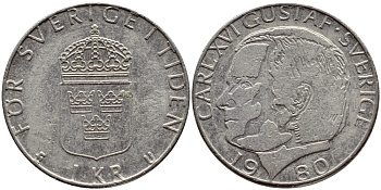 Швеция 1 крона 1980 Карл XVI Густав (1973- ) KM 852 медь плакированная медно-никелем 4397-952