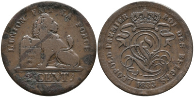 БЕЛЬГИЯ 2 САНТИМА 1833 BELGES KM 4.1 медь 95-641