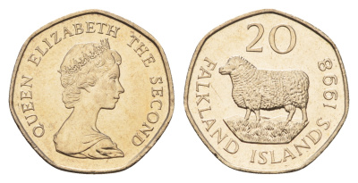 Фолклендские острова (Фолкленды) 20 пенсов 1998 Елизавета II (1952-2022), овца Ромни-марш KM 17 медно-никель  UNC  4675-212