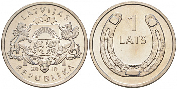 Латвия 1 лат 2010 подкова вверх KM 117 медно-никель UNC M18-07