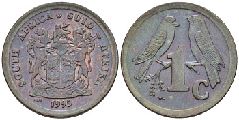 ЮАР 1 ЦЕНТ 1995 ДВЕ ПТИЧКИ НА ВЕТКЕ KM 132 сталь плакированная медью UNC 4594-134