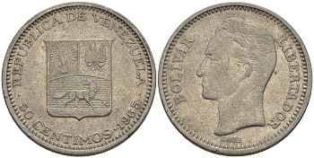 Венесуэла 50 сентимо 1965 Симон Боливар KM 41, Schon 51 никель 31-515