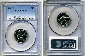 США 5 центов 1969 S, президент Джеферсон, в слабе PCGS PR67 KM А192 медно-никель PROOF 15-002-15