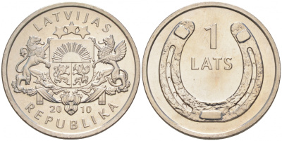 Латвия 1 лат 2010 подкова вверх KM 117 медно-никель UNC M18-07