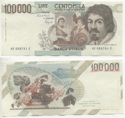 Италия 100000 лир 1983 Караваджо, фруктовый букет, подпись Speziali Pick 110b бумага 7220-24-3