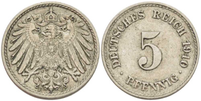 Германия 5 пфеннигов 1910 F KM 11, Jager 12, Weege 6 медно-никель 105-145