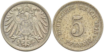 ГЕРМАНИЯ 5 ПФЕННИГОВ 1915 D KM 11, J. 12, Weege 6 медно-никель 206-1022