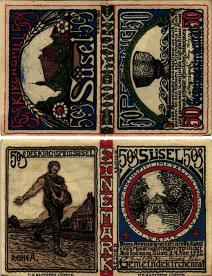 ЗЮЗЕЛЬ, ГЕРМАНИЯ 1 МАРКА 1920 НОТГЕЛЬД, ЗЕМЛЯ ШЛЕЗВИГ-ГОЛЬШТЕЙН, 4 НОЯБРЯ 1920, ПЕРФОРАЦИЯ, 50 + 50 ПФЕННИГОВ ARNOLD KELLER 1301.1 бумага 7487-50-3-2