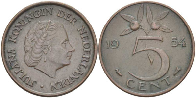 НИДЕРЛАНДЫ 5 ЦЕНТОВ 1954 ЮЛИАНА (1948-1980) KM 181 бронза 213-1017