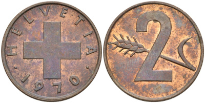 Швейцария 2 раппена 1970 KM 47 бронза 4592-636