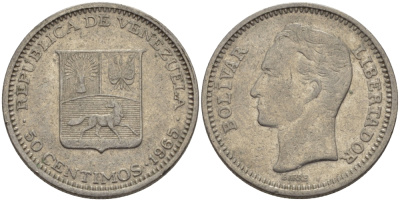 Венесуэла 50 сентимо 1965 Симон Боливар KM 41, Schon 51 никель 31-515