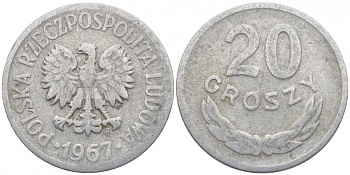 ПОЛЬША 20 ГРОШЕЙ 1967 MW KM А47 алюминий 4448-345