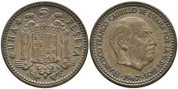 Испания 1 песета 1947 (54) Франсиско Франко (1939-1975) KM 775 алюминиевая бронза 110-1114