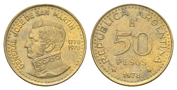 Аргентина 50 песо 1978 200 лет со дня рождения Хосе де Сан-Мартина KM 81 алюминиевая бронза aUNC 4662-736