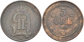 Швеция 5 эре 1882 Оскар II (1872-1907) король Швеции и Норвегии KM 736 бронза 4557-514