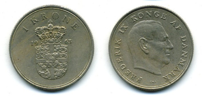 Дания 1 крона 1963 C;S, Фредерик IX (1947-1972) KM 851 медно-никель 46-1322