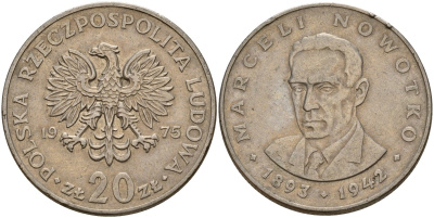 Польша 20 злотых 1975 Марцелий Новотко, монетный двор Кремница KM 69, Parchimowicz 246b медно-никель 4157-141