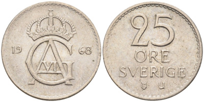 Швеция 25 эре 1968 Густав VI Адольф (1950-1973) KM 836 медно-никель UNC 4585-457