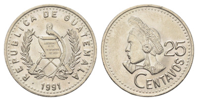 Гватемала 25 сентаво 1991 KM 278.5 медно-никель UNC 4666-726