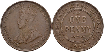 АВСТРАЛИЯ 1 ПЕННИ 1928 ГЕОРГ V KM 23 бронза 82-724