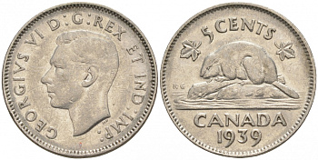 Канада 5 центов 1939 Георг VI (1937-1952), бобр KM 33 никель 73-1133