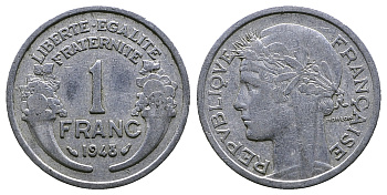 ФРАНЦИЯ 1 ФРАНК 1948 ТИП MORLON, LEGERE KM 885a.1, LE FRANC 221.13 алюминий 261-434