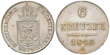 Австрия 6 крейцеров 1849 A, Франц Иосиф I (1848-1916) KM 2200 серебро UNC 1527-121
