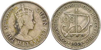 Кипр 100 милей 1955 KM 37 медно-никель 00-00