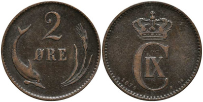 ДАНИЯ 2 ЭРЕ 1874 КРИСТИАН IX (1863-1906) KM 793.1 бронза 31-326